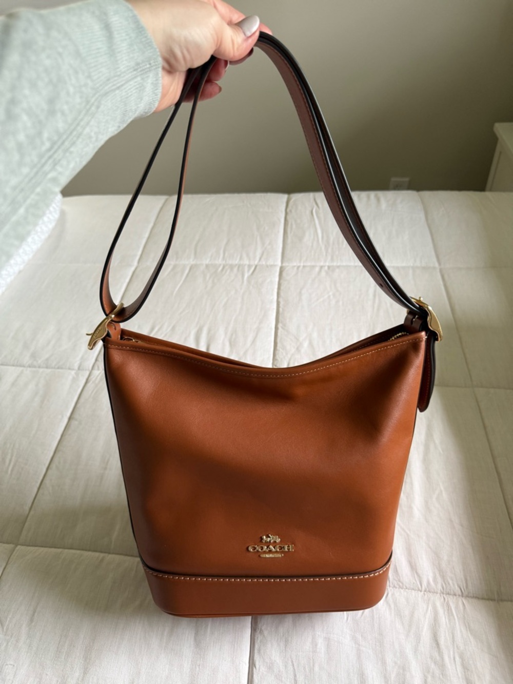 Coach Cognac Brown Leather Shoulder Bag with Gold-Tone Logo